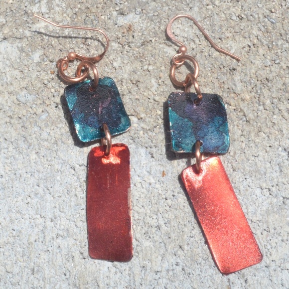 Modernist Abstract Geometric Red Blue Dangle Pure Copper Earrings Handmade Drop - Picture 5 of 5